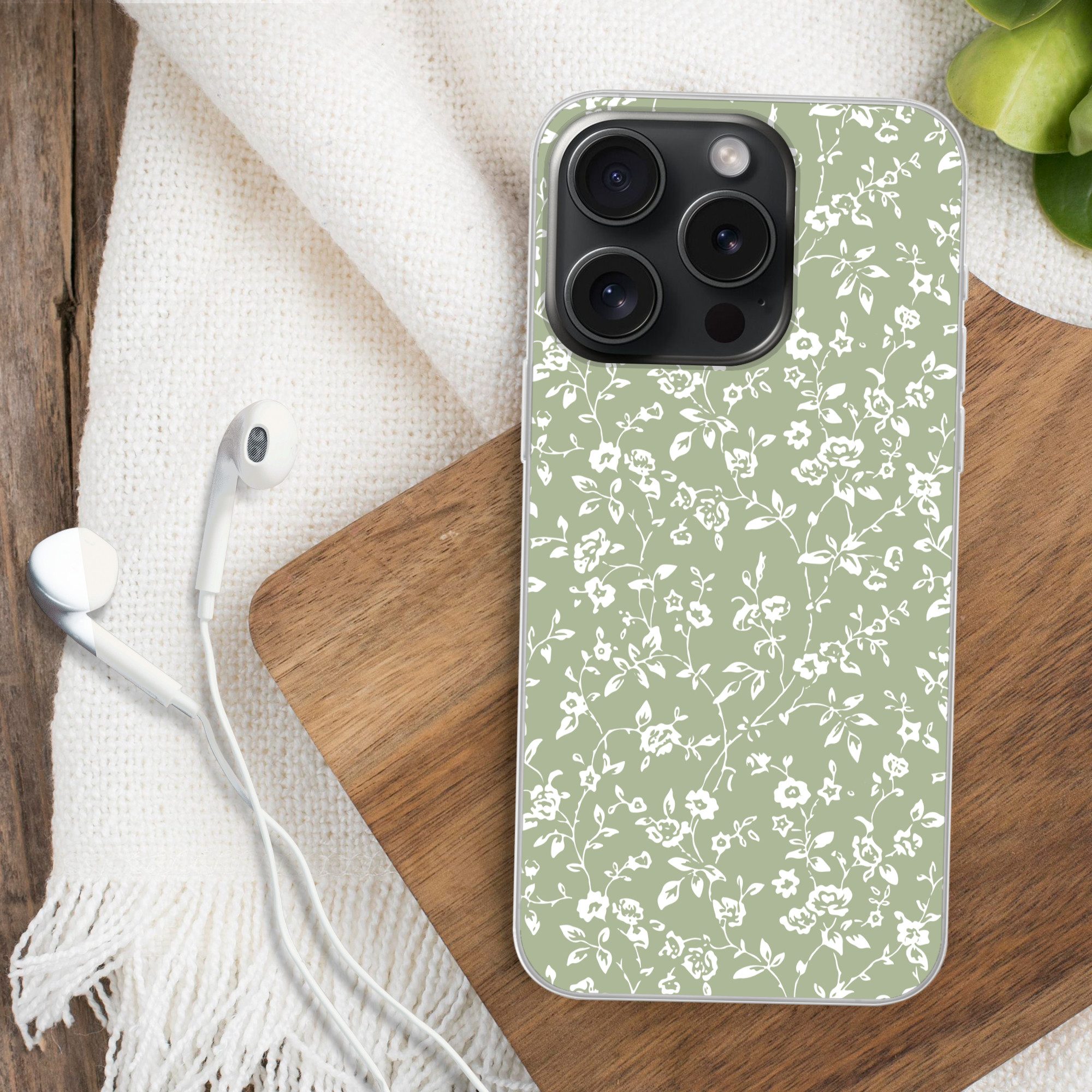 MuchoWow Handyhülle für Apple iPhone 15 Pro Blumen - Druck - Grün - Weiß, Smartphone-Bumper, Print, Handy Schutzhülle Dünn