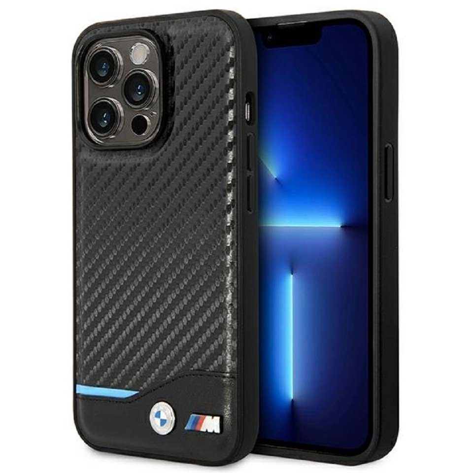 BMW Handyhülle Case Leder Tricolor schwarz Carbon iPhone 14 Pro 6,1 Zoll, Kantenschutz