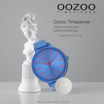 OOZOO Quarzuhr Oozoo Damen Armbanduhr Timepieces Analog, (Analoguhr), Damenuhr rund, extra groß (ca. 48mm), Lederarmband blau, Fashion