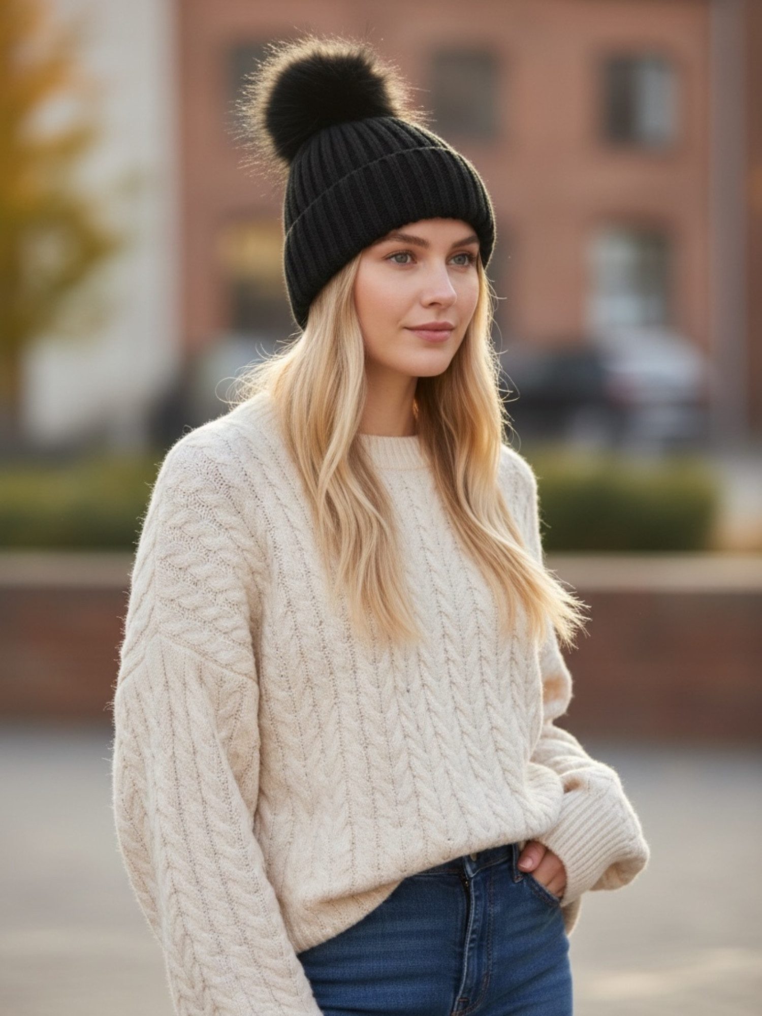Taschen4life Bommelmütze Mütze mit großem Bommel 1350 Dylon2 Strickmütze im Rippstrick für Damen, Herren, Kinder