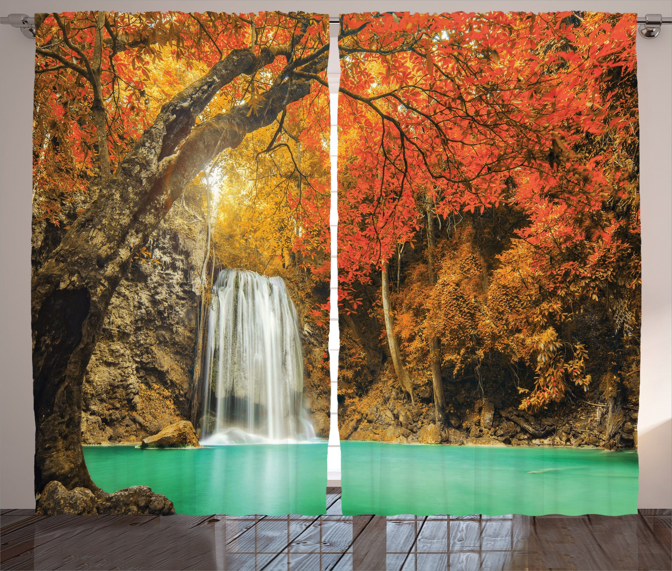 Gardine Schlafzimmer Kräuselband Vorhang mit Schlaufen und Haken, Abakuhaus, Wasserfall Herbst Natur Wald