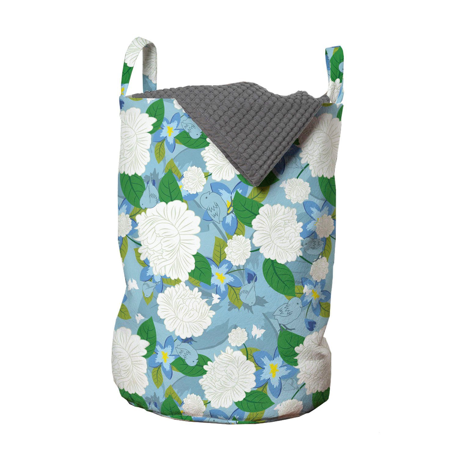 Abakuhaus Wäschesäckchen Wäschekorb mit Griffen Kordelzugverschluss für Waschsalons, Blumen Erfrischende Blumen und Vögel