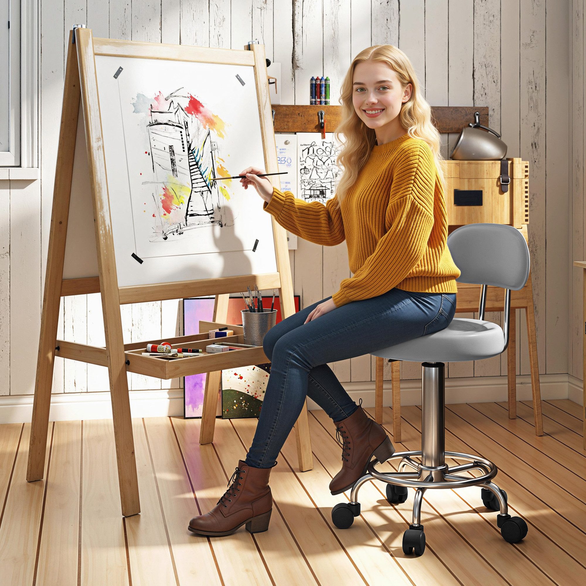 HOMCOM Drehhocker höhenverstellbar (Arbeitshocker, 1 St., Bürohocker), für Büro, Grau