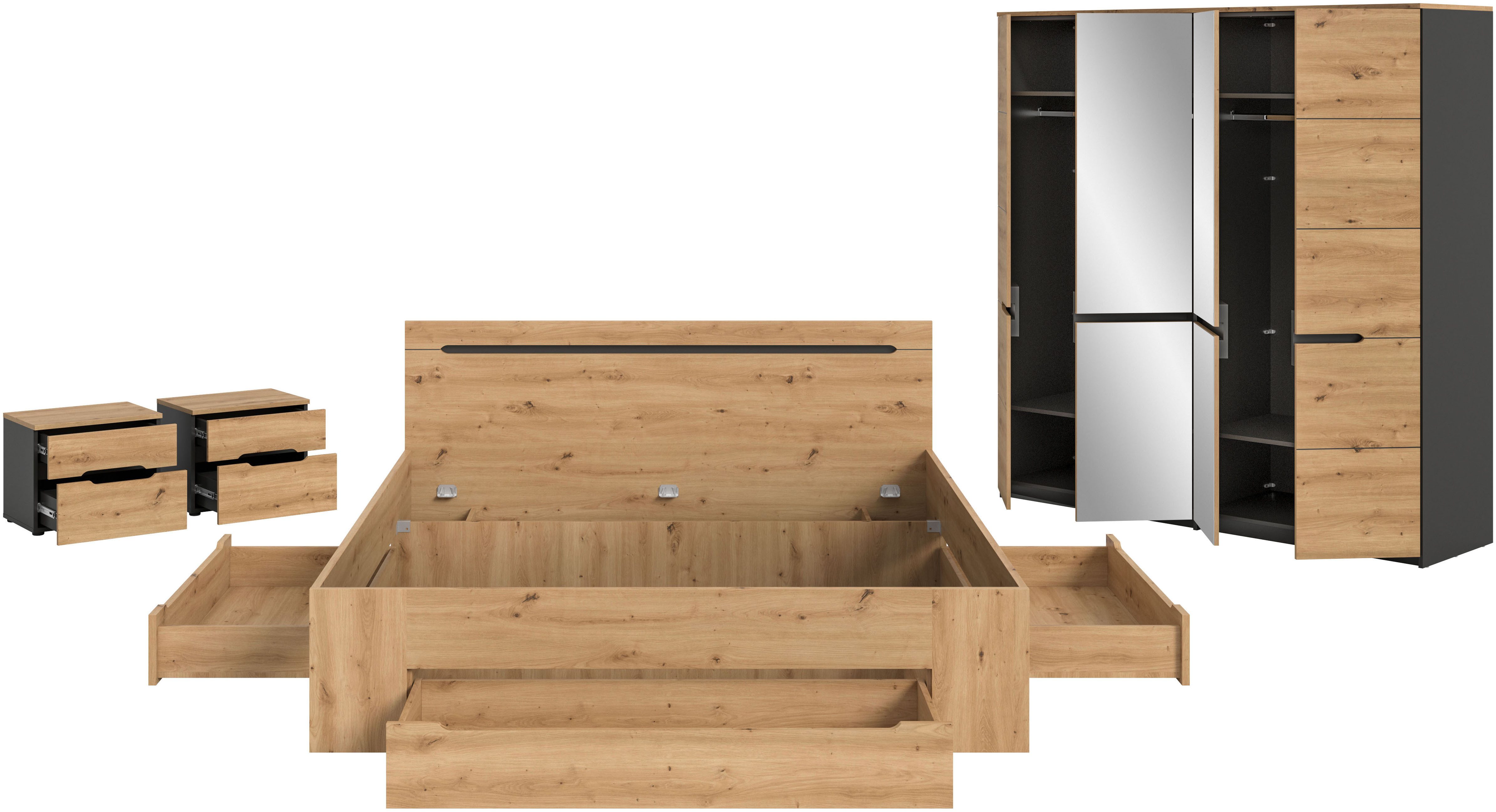 Home affaire Schlafzimmer-Set REHAT, 4-teilig, best. aus: Bett, Kleiderschrank & 2x Nachtkommode, (4-tlg., TOPSELLER!, für Matratzengröße 140x200 cm, viel Stauraum), Rehat, Schlafzimmerset, Bett 180x200 cm, Nachttisch, Kleiderschrank
