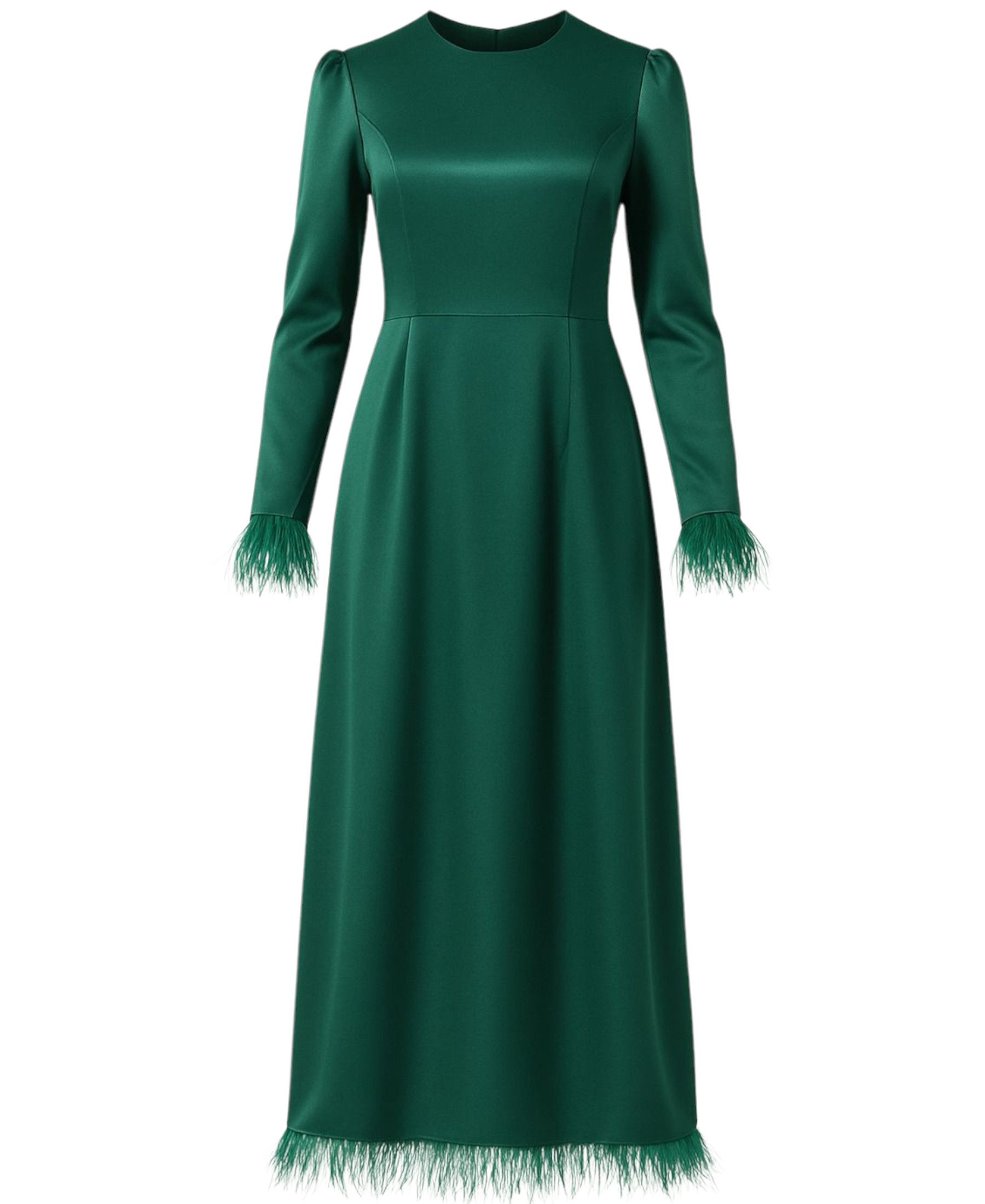 fashionshowcase Satinkleid Damen Abendkleid schlicht Abiye Abaya Modest Fashion Federdetails am Saum und an den Ärmelabschlüssen