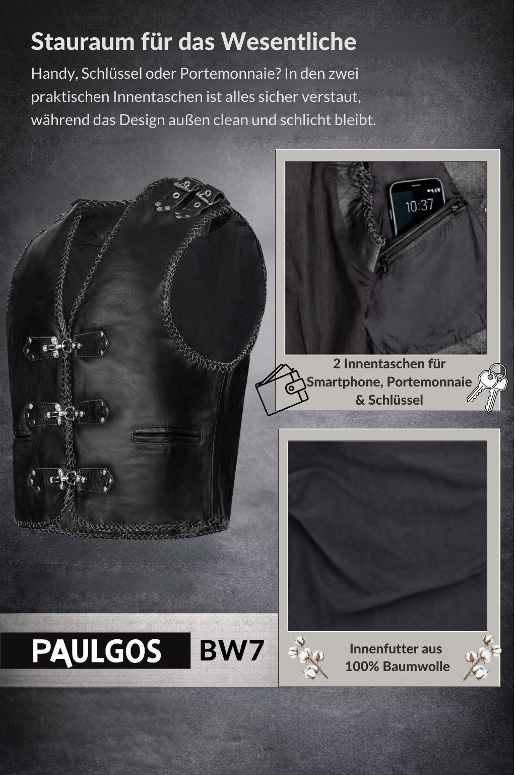 PAULGOS Motorradweste Lederweste Biker Kutte Clubweste Chopper Weste 100% Echtleder - BW7