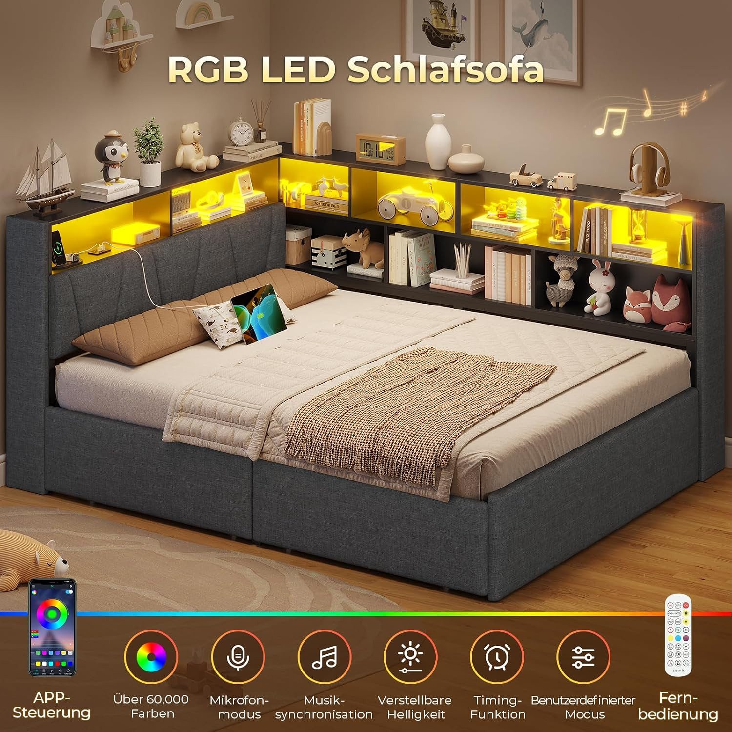 MSMASK Polsterbett mit LED-Beleuchtung & Ladestation, 9 Staufächern & 2 Schubladen, Grau (1-tlg), LED-Beleuchtung, USB-Ladestation, gepolstertes Kopfteil