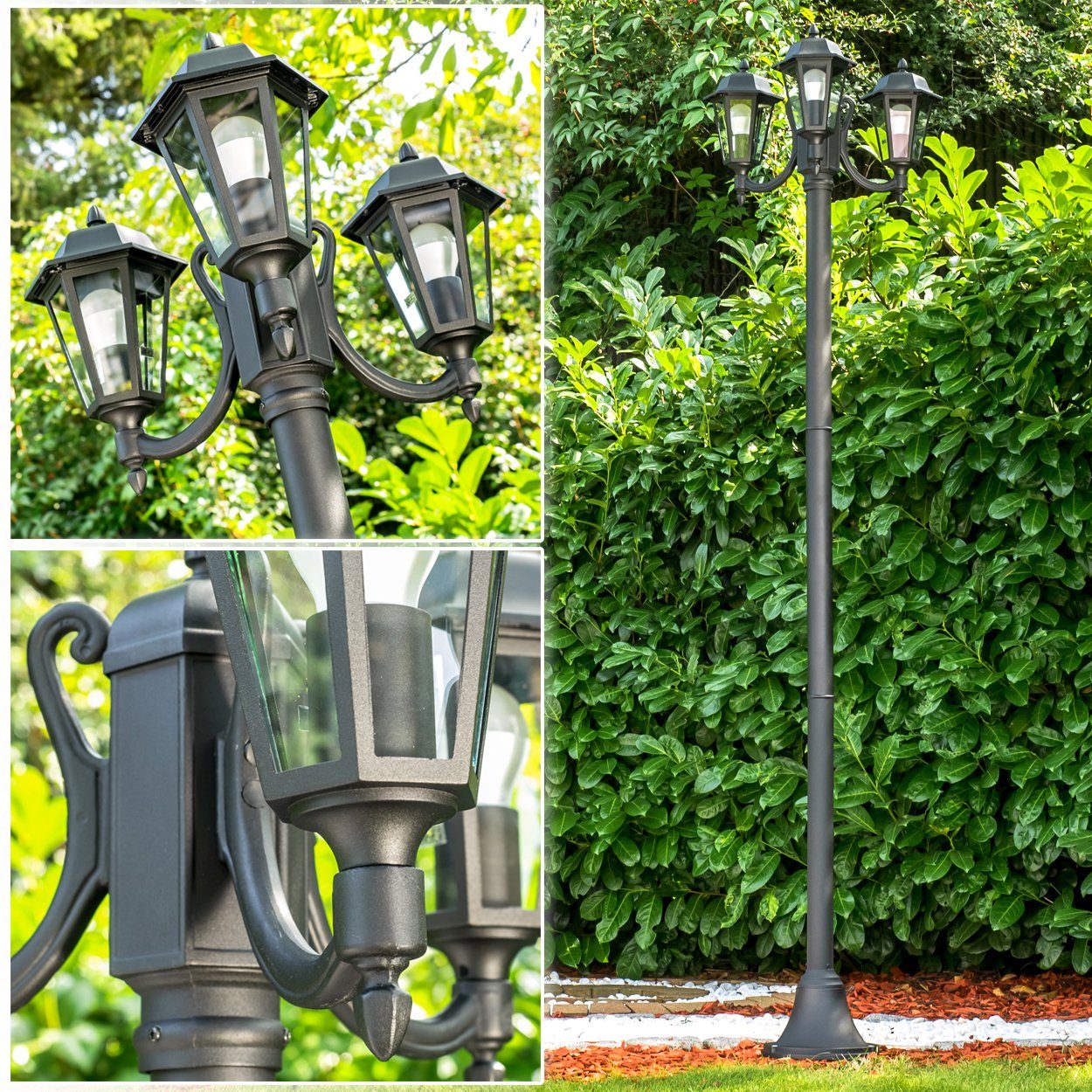 hofstein Außen-Stehlampe »Parco« Außenleuchte Kandelaber in antikem Look, ohne Leuchtmittel, Aluguss in Schwarz matt mit Milchglas-Scheiben, 3-armig, E27, IP44