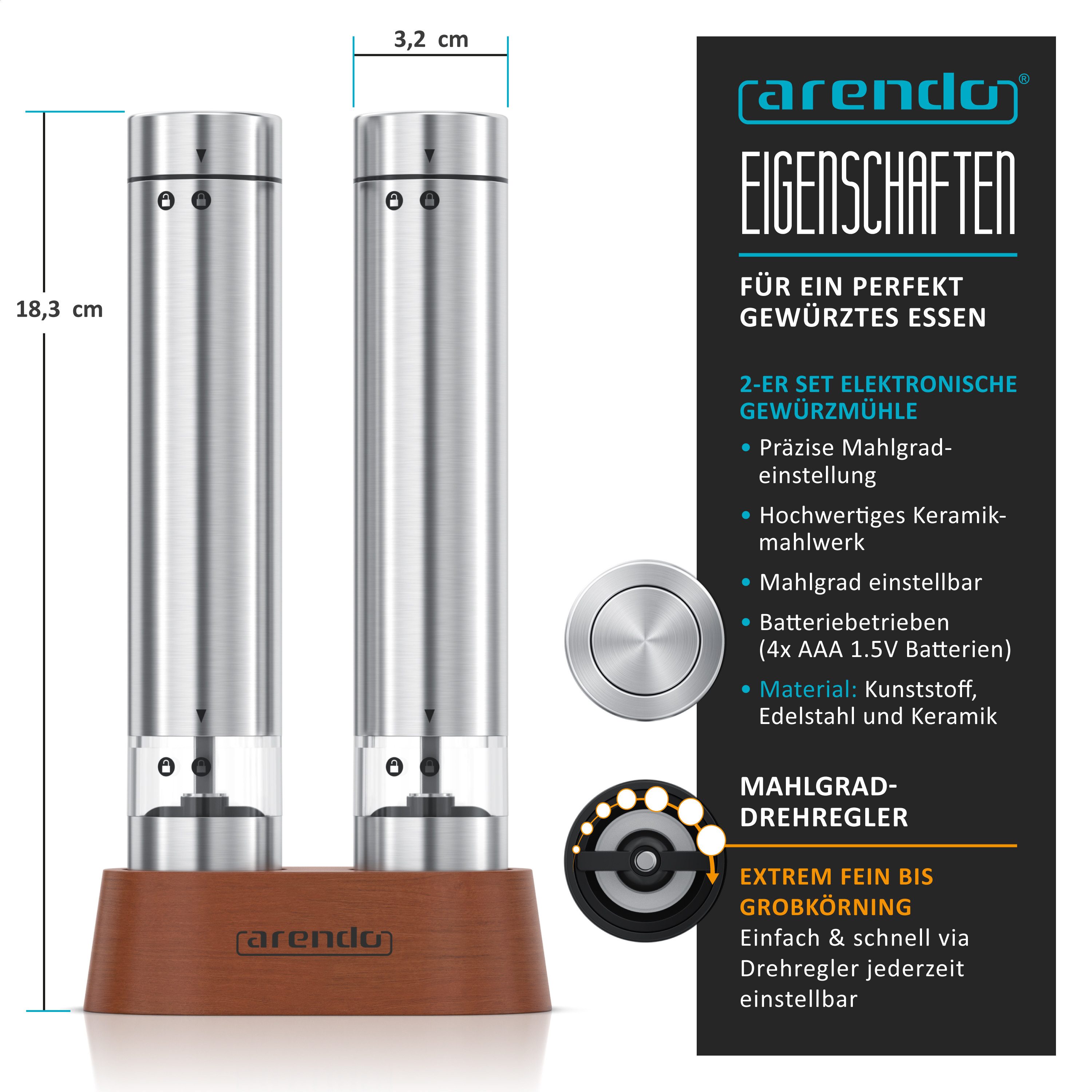 Arendo Salz-/Pfeffermühle Elektrische Salzmühle & Pfeffermühle, stufenlos einstellbar Batterie, (2 Stück), Edelstahl, Keramikmahlwerk, 2er Set, Glasbehälter, Holzständer