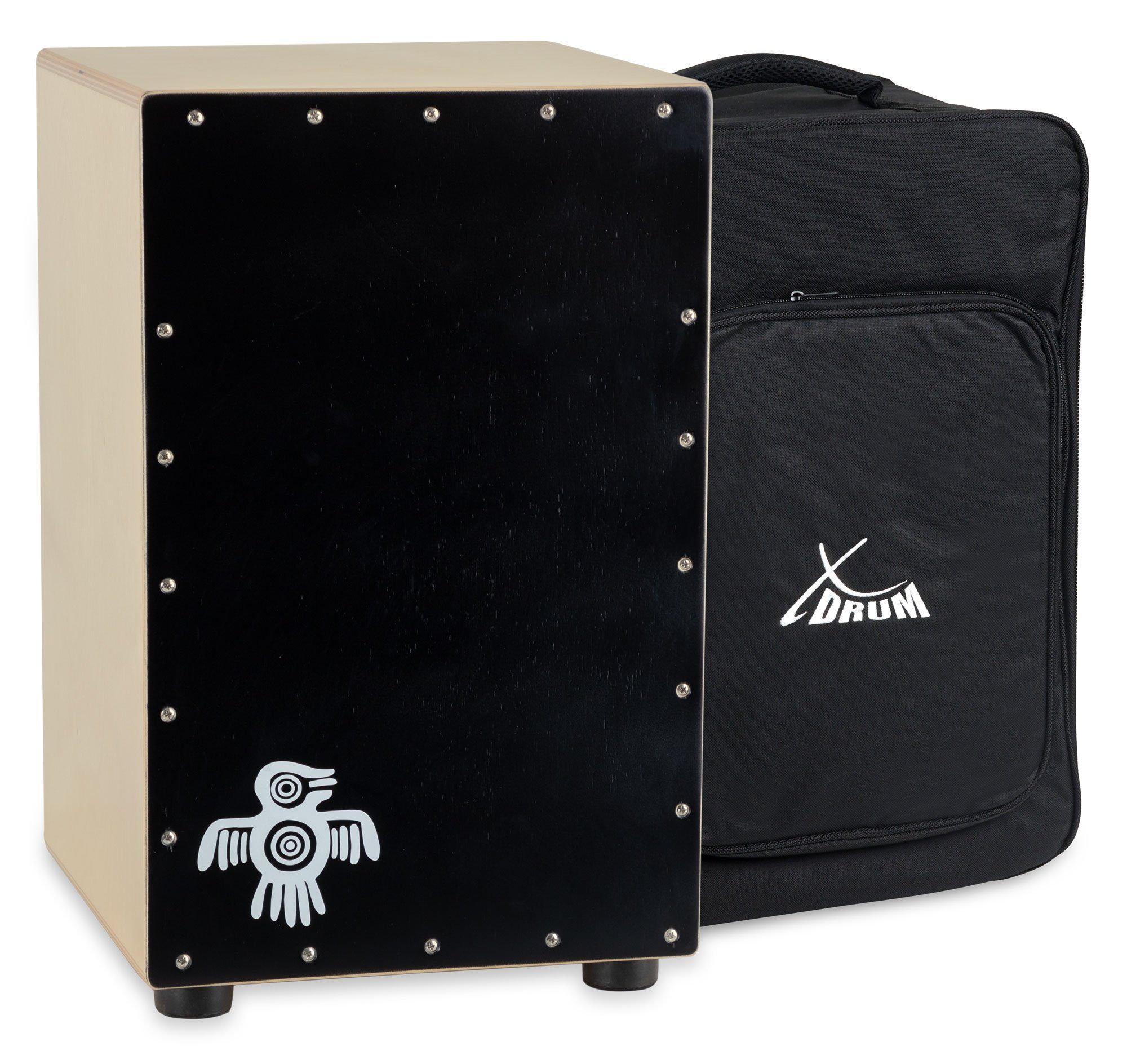 XDrum Cajon Peruana Black Wood, inkl. Rucksack-Tasche, 3 mm Schlagplatte - 9 mm Birkenkorpus - 48 cm hoch