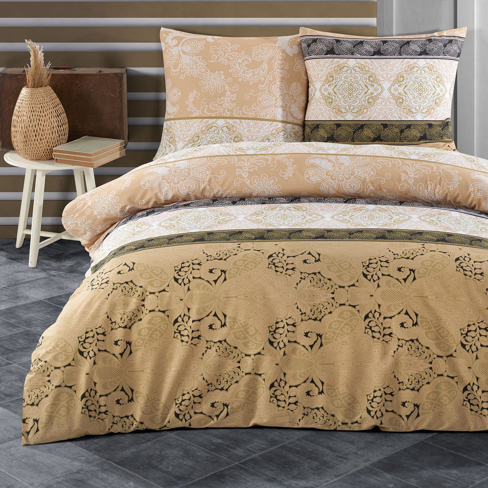Buymax Bettwäsche Elada, Renforcé, 100% Baumwolle, Renforcé: 100% Baumwolle, 2 teilig, 155x220 cm, elegant, mit Reißverschluss, Bettwäsche-Set, Gold