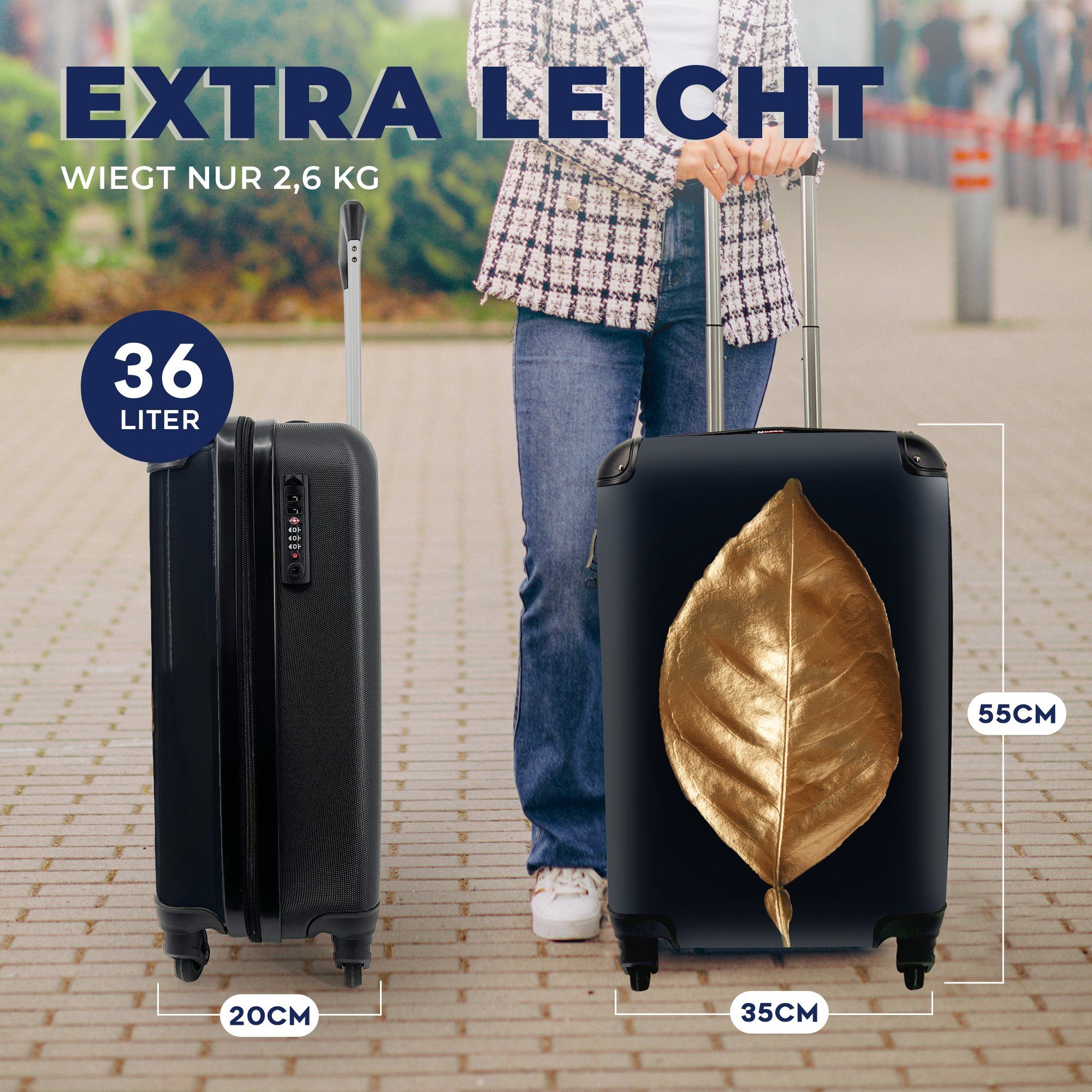 Pflanzen Reisekoffer Reisetasche 4 Ferien, Gold Handgepäckkoffer - Handgepäck mit Trolley, Chic Schwarz, Blätter - MuchoWow rollen, Rollen, - - für