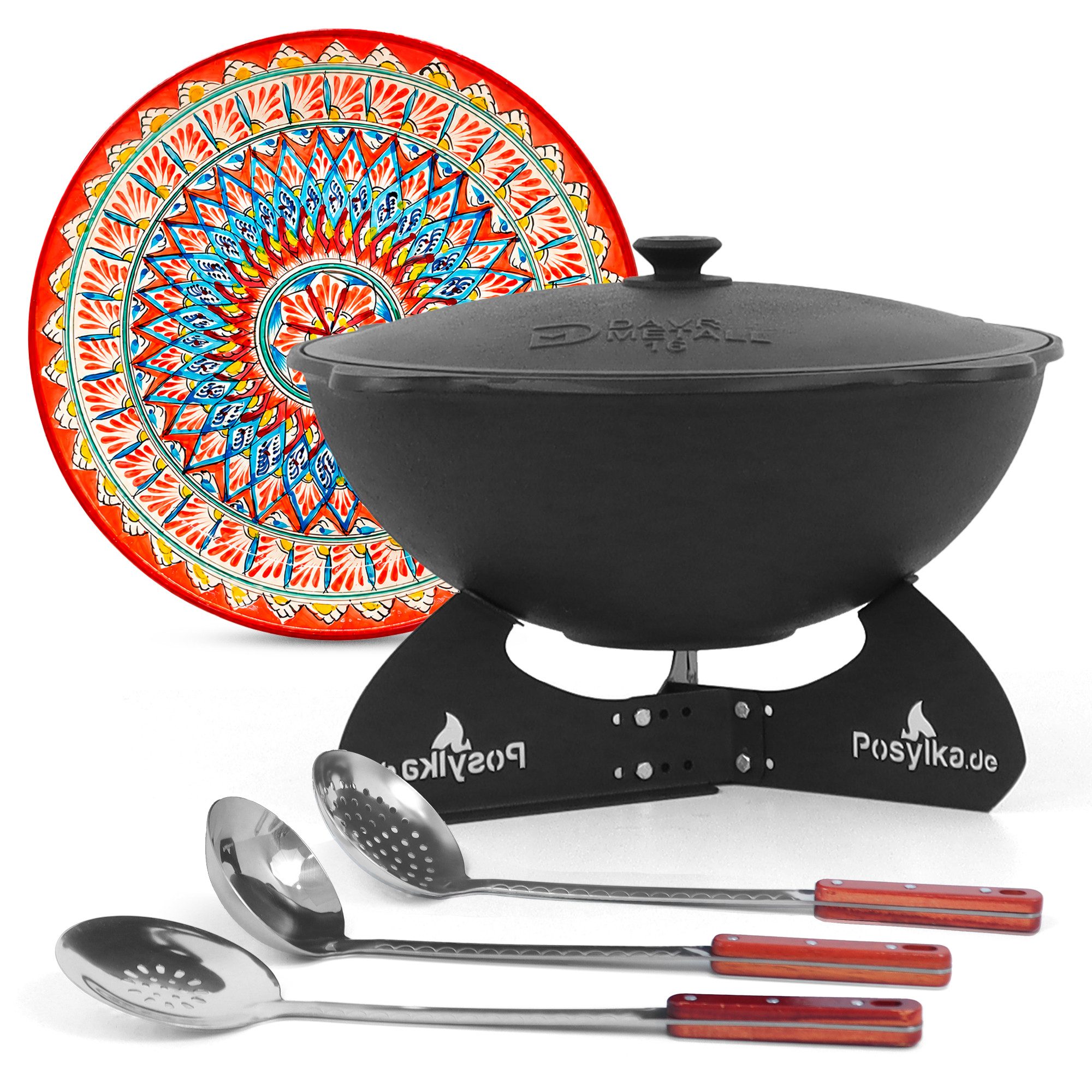 DAVR Metall Schmortopf Kazan 16 L Gusseisen Ø 46,5 flach 9-tlg. Lagan 37 cm Gulaschkessel, Stahl, Gusseisen, Holz, Keramik, Aluminium, Edelstahl, Kunststoff (9-tlg), Dickwandig