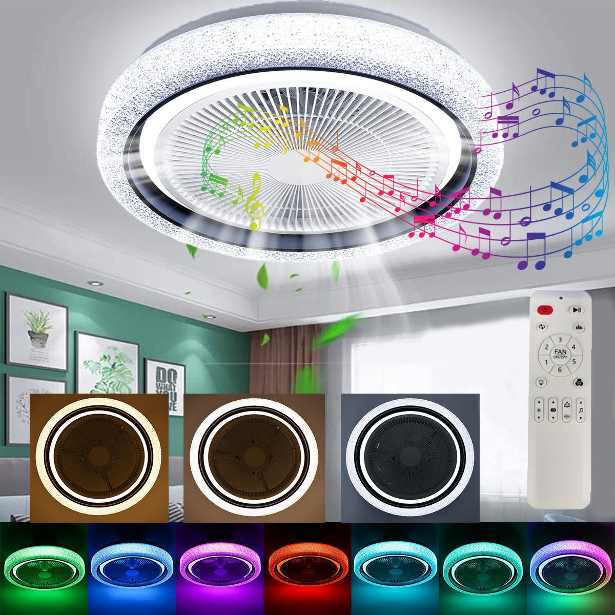 oyajia Deckenventilator 60W Leise Deckenventilator mit BT Lautsprecher, RGB LED Deckenleuchte, Dimmbar LED Deckenventilator Leuchte 50cm für Schlafzimmer Küche Hotel