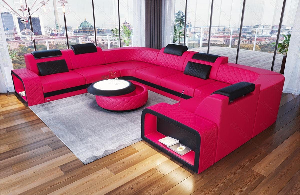 Sofa Dreams Wohnlandschaft Ledersofa verstellbare Foggia Kopstützen, U Leder mit LED, Sofa, Designersofa Couch Form