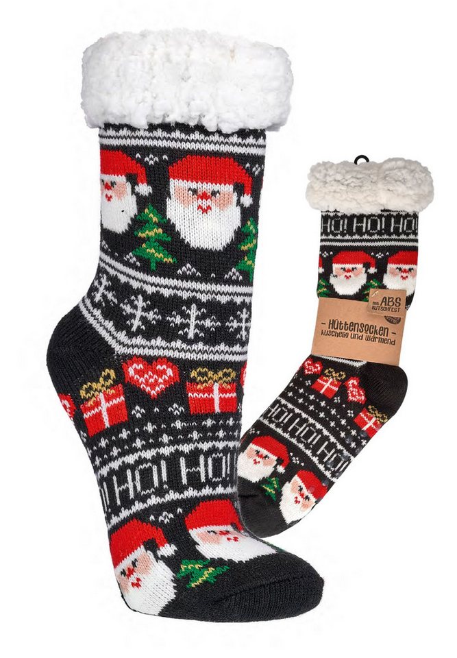 TippTexx 24 Kuschelsocken 1 Paar Hütten-Socken Weihnachten Unisex mit ABS-Druck & Teddy-Futter (Set, 1 Paar) Anti Slip, ABS Druck