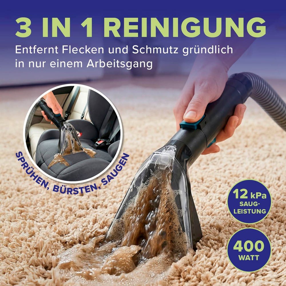 Lichterblitz Teppichreinigungsgerät Waschsauger & Polsterreiniger Gerät Kompakt – saugt, bürstet, sprüht, 400 W, Nass Trockensauger Teppichreiniger entfernt Flüssigkeiten & Flecken