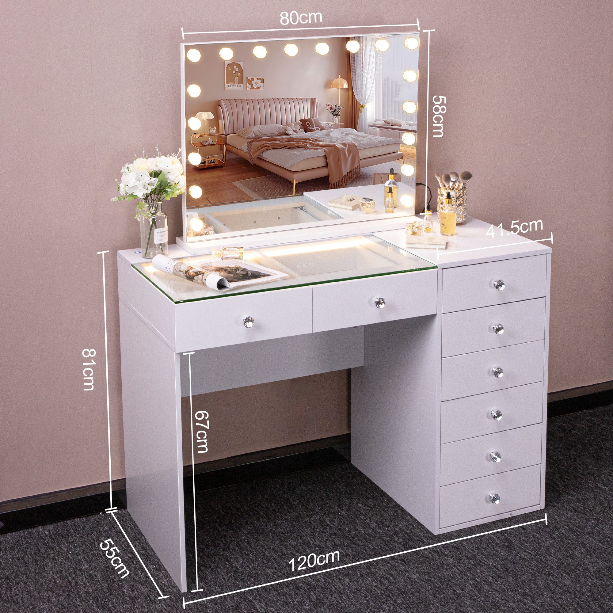 FENCHILIN Schminktisch mit 8 Schubladen und dimmbarem LED-Spiegel, 10-facher Lupe, Kosmetiktisch mit Glasplatte 120 x 55 x 81 cm – Bild 2 von 5