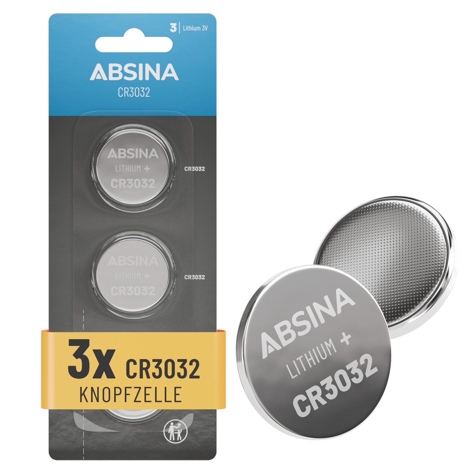 ABSINA 3x CR3032 Knopfzelle Lithium 3V - CR 3032 Batterie für Sensor uvm Knopfzelle, CR3032 (3 V, 3 St), Langlebig & zuverlässig, Temperaturfest von -40°C bis +60°