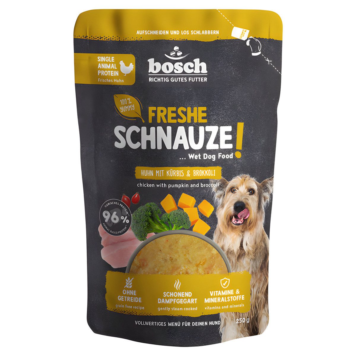 Bosch Petfood Freshe Schnauze Huhn + Kürbis + Brokkoli 250 g, Nassfutter für: Hund