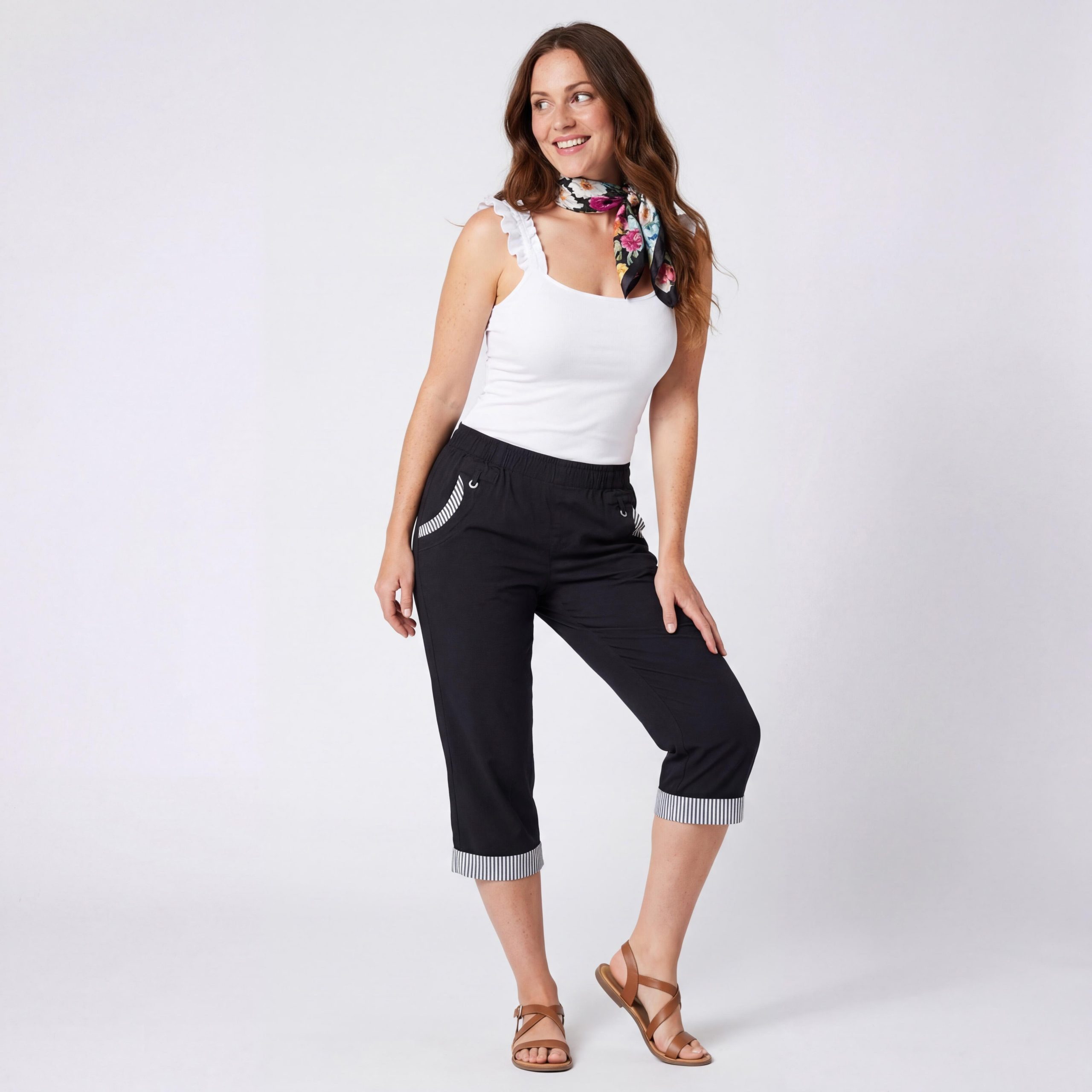 OriginalYou Caprihose Damen Sommerhose aus 95% Baumwolle 7/8 Freizeithose maritimer Look & Beinumschlag, in den Größen 36 bis 50 erhältlich