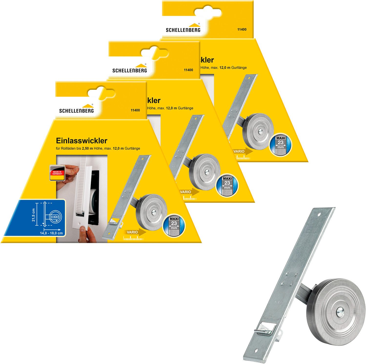 SCHELLENBERG Einlass-Gurtwickler für das Rollladensystem Maxi, Lochabstand 21,5 cm, Unterputz-Montage, Set, 3-tlg., für Rollladengurte mit 23 mm Breite