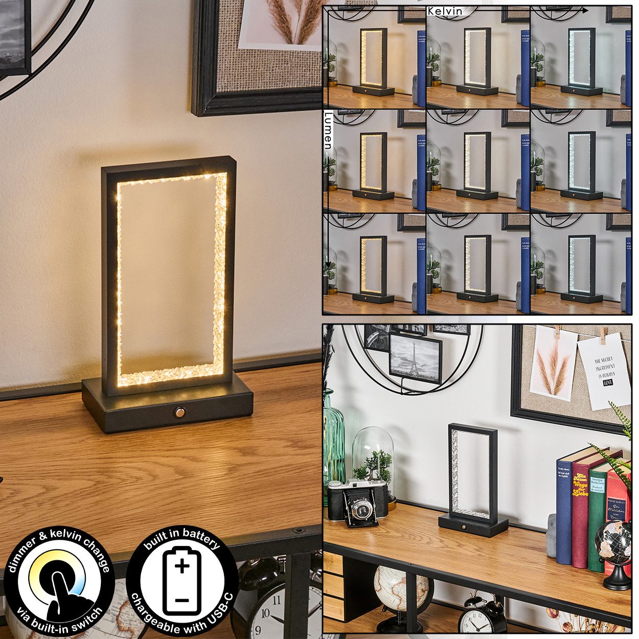 hofstein Tischleuchte dimmbare Tischlampe aus Metall/Kunststoff in Schwarz, LED wechselbar, 2700-6500 Kelvin, Leuchte mit Touchdimmer, USB-C, An-/Ausschalter, Lichteffekt, Akku