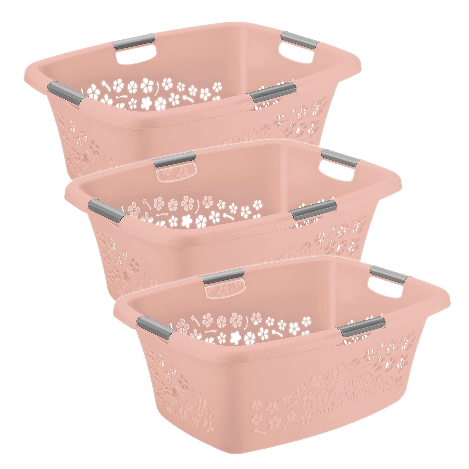 ROTHO Wäschekorb Flowers Kunststoff (PP) 3er-Set pink Linnea ged. 50l, Wäschekorb BPA-frei