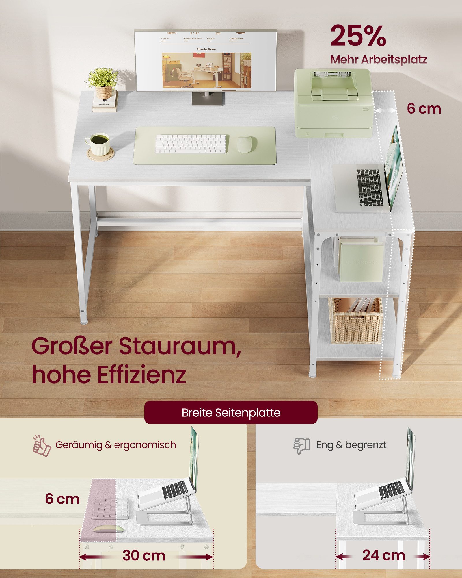 VASAGLE Schreibtisch Eckschreibtisch in L-Form, Computertisch mit Stauraum, Bürotisch, höhenverstellbare Ablage, für Homeoffice, 110/120 cm