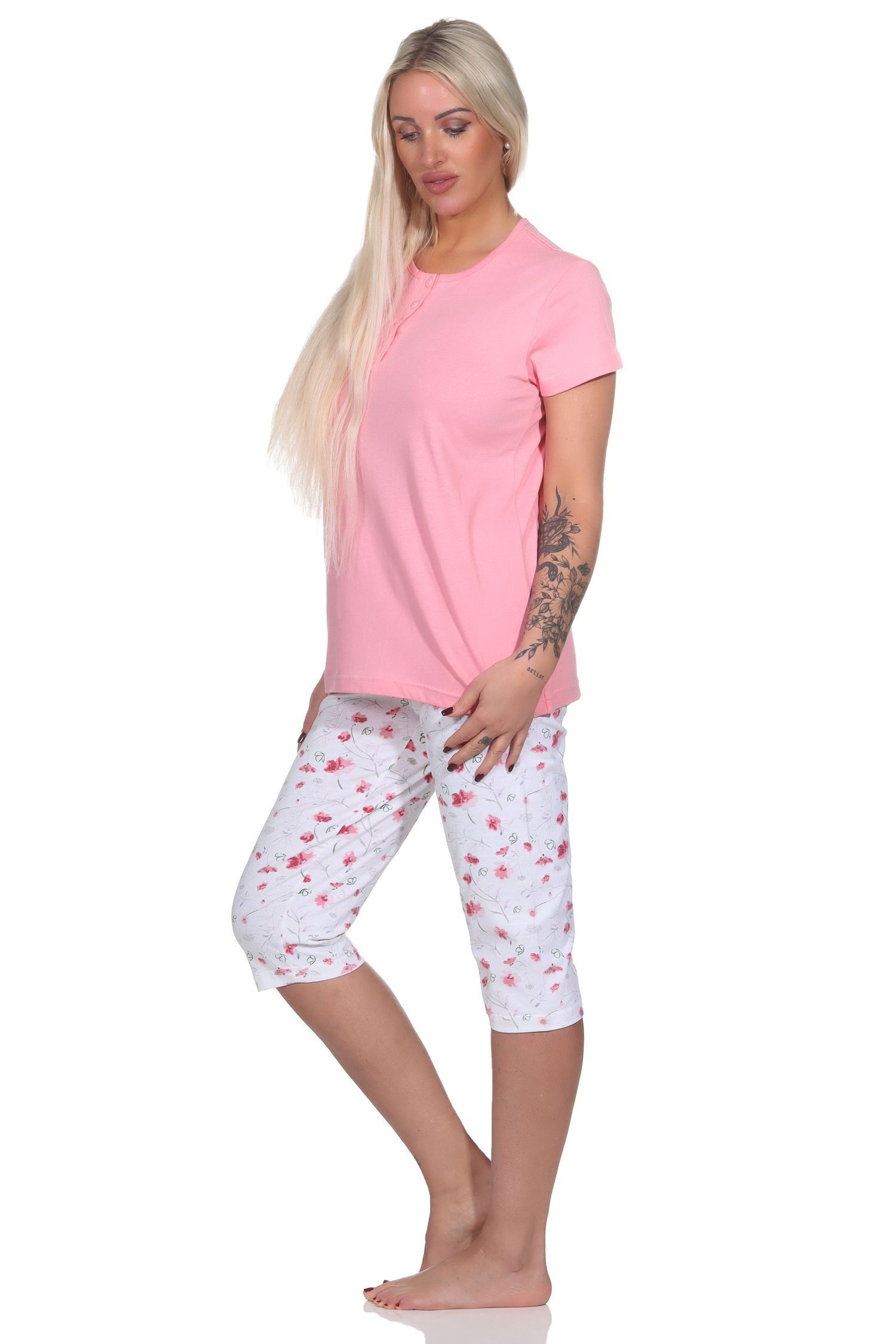 Normann Pyjama Eleganter Damen Capri Pyjama Schlafanzug mit Knopfleiste & Caprihose