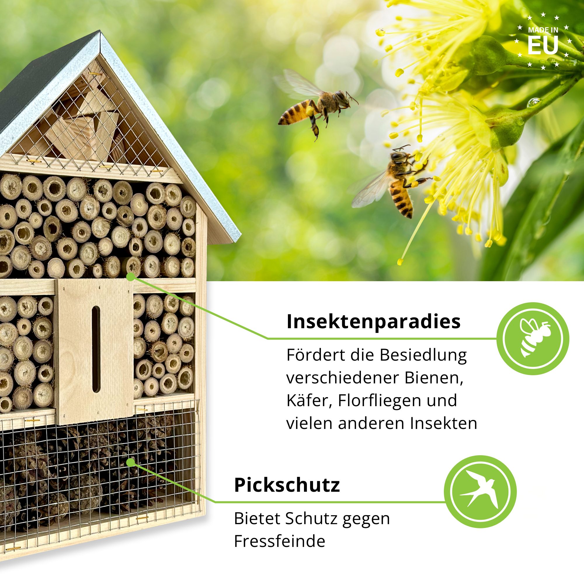 gartenetage Insektenhotel Natürliches Insektenhotel XL für Garten & Terrasse, Wetterfest, Metalldach und Bambus – Nistkasten für Wildbienen & Co