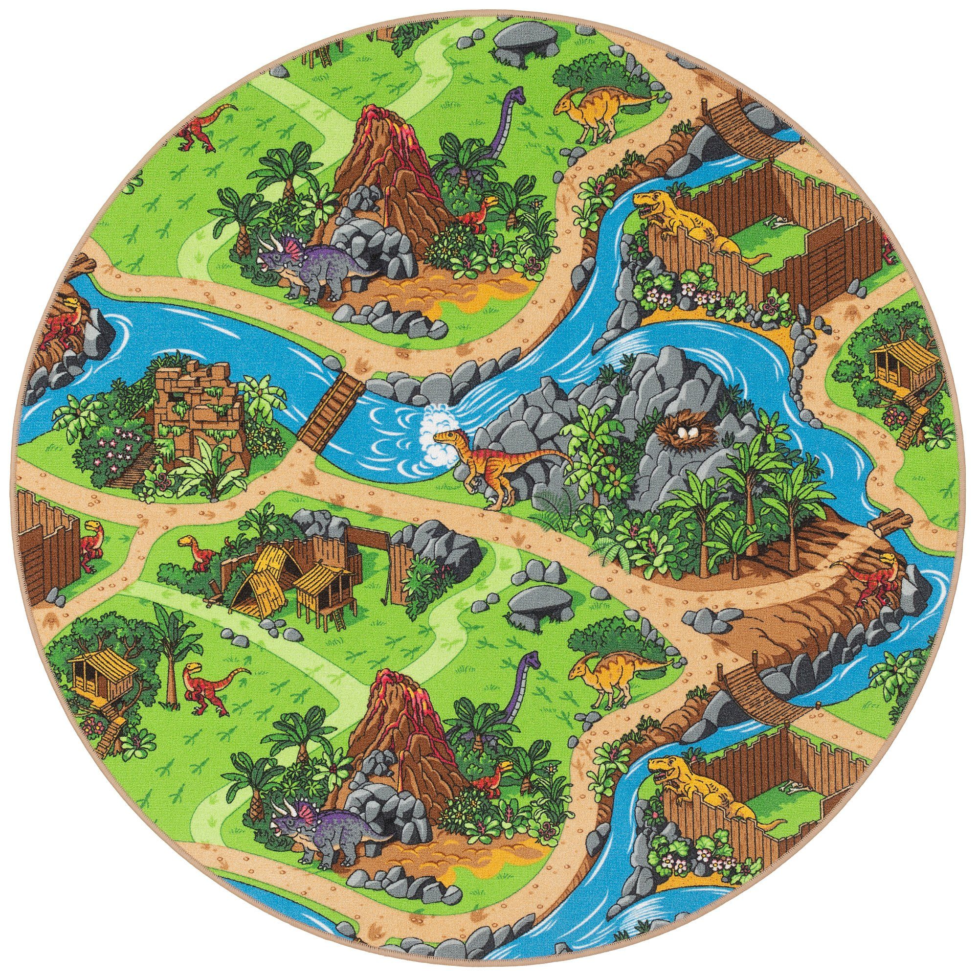 Snapstyle Kinderteppich Kinder Spiel Straßen Teppich Dino Welt Rund, Rund, günstig online kaufen