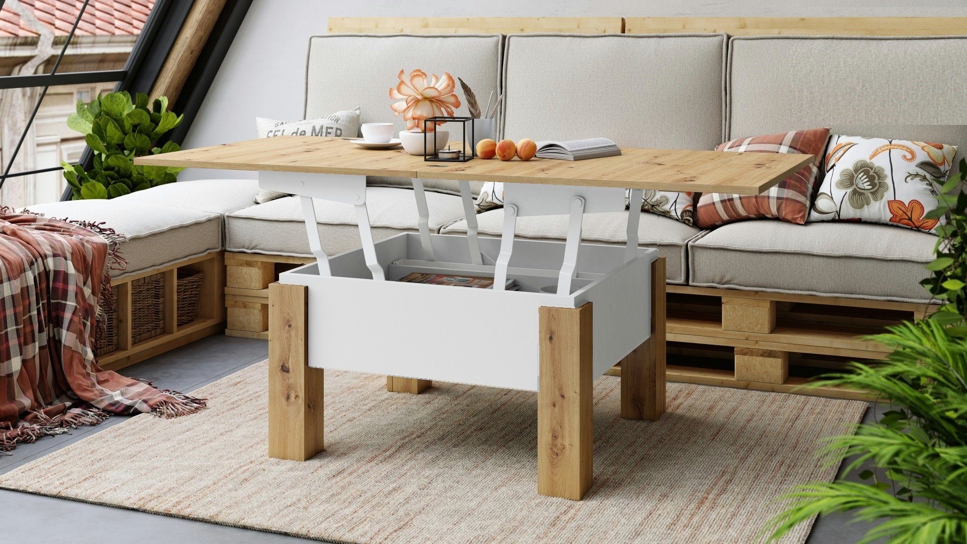 Artisan Design Eiche Couchtisch designimpex aufklappbar höhenverstellbar Tisch Esstisch Weiß Oslo matt Couchtisch /