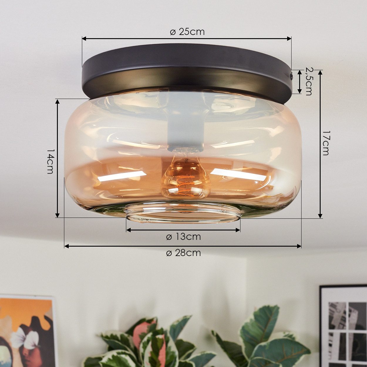 hofstein Deckenleuchte 1-flammige Deckenlampe aus Metall/Glas in Schwarz/Bernsteinfarben, ohne Leuchtmittel, moderne Leuchte im Retro/Vintage-Design (Schirm Ø 2 – Bild 4 von 5