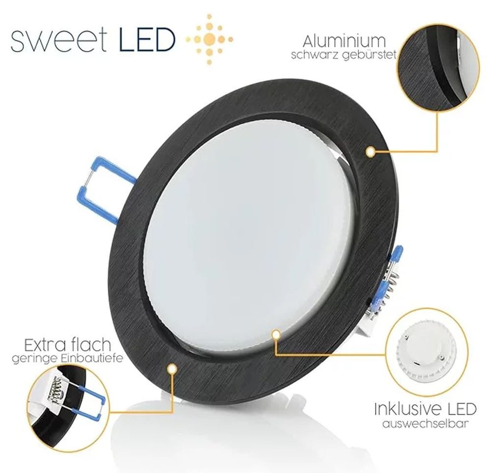 Sweet LED LED Einbaustrahler 6er Set GX53 8,2W 230V Schwarz 4000K Rund LED Einbauleuchten Aluminium, LED wechselbar, 4000K - Neutralweiß, Deckenspots, Ø95mm, Einbauleuchten