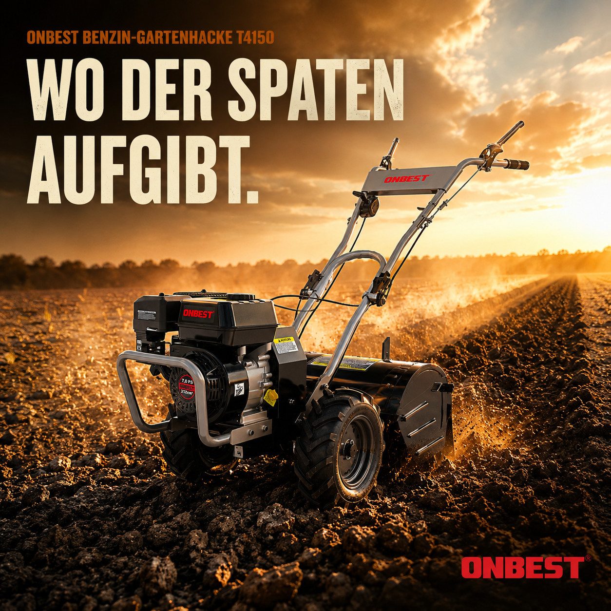 Onbest Benzinmotorhacke Gartenfräse T4150 4,1 kW / 7 PS, 53 cm Arbeitsbreite, 53 cm Arbeitsbreite, 35 cm Arbeitstiefe, 12 Hackmesser, Radantrieb