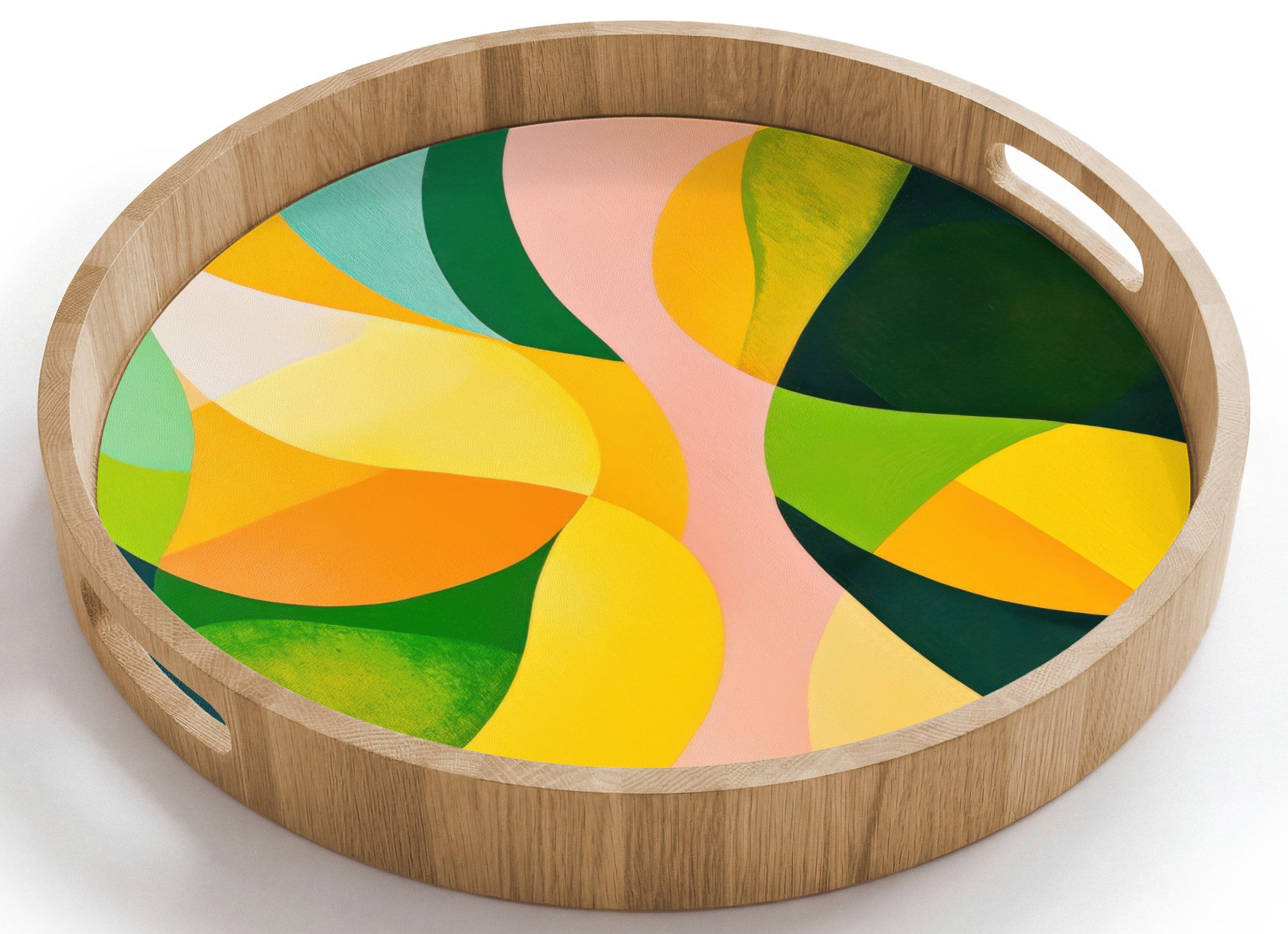 OnlyWow Tablett Rund mit Henkel Abstrakt - Gelb - Rosa - Grün, Eichenholz, (1-tlg), Siervierplatte, Tray, Frühstücksbrett