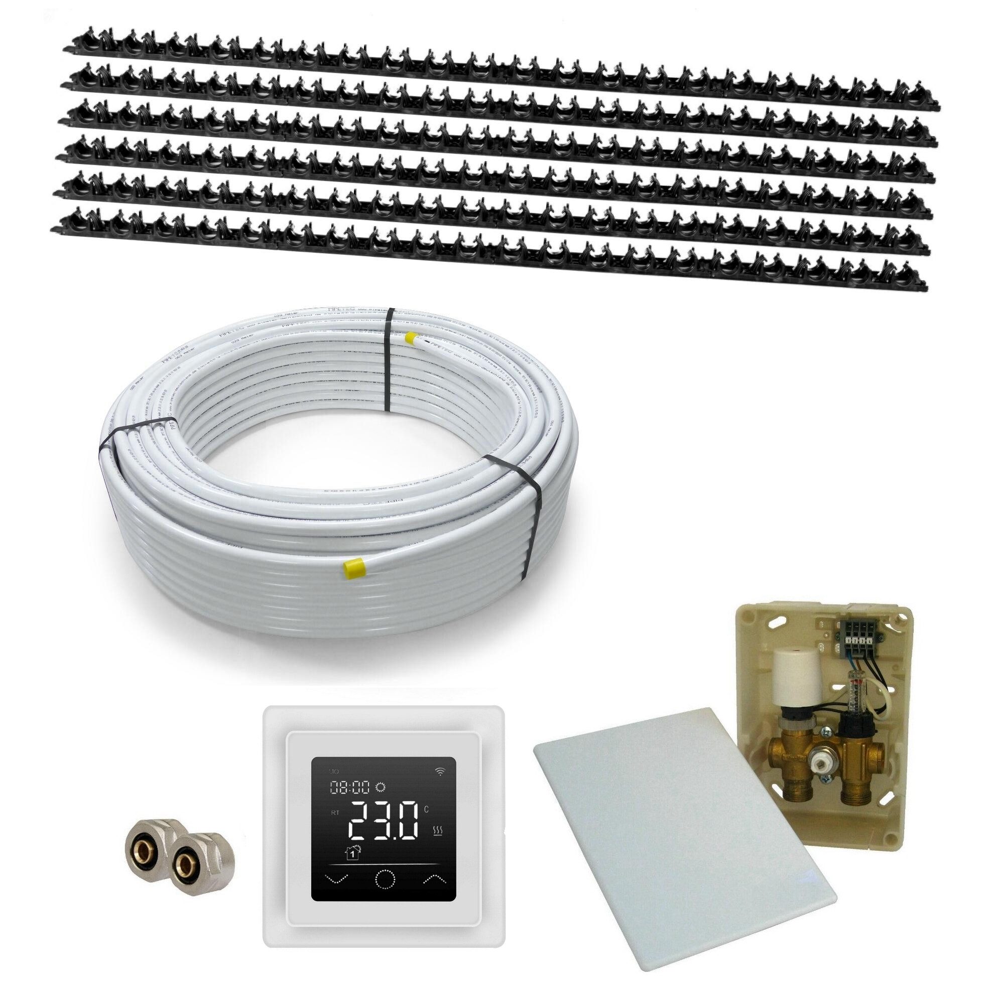 HoWaTech Warmwasserfußbodenheizungen CLAMP Warmwasser Flächenheizung Komplettset E-Regelbox Mobile, (Komplett Set), WLAN-Thermostat mit App-Steuerung