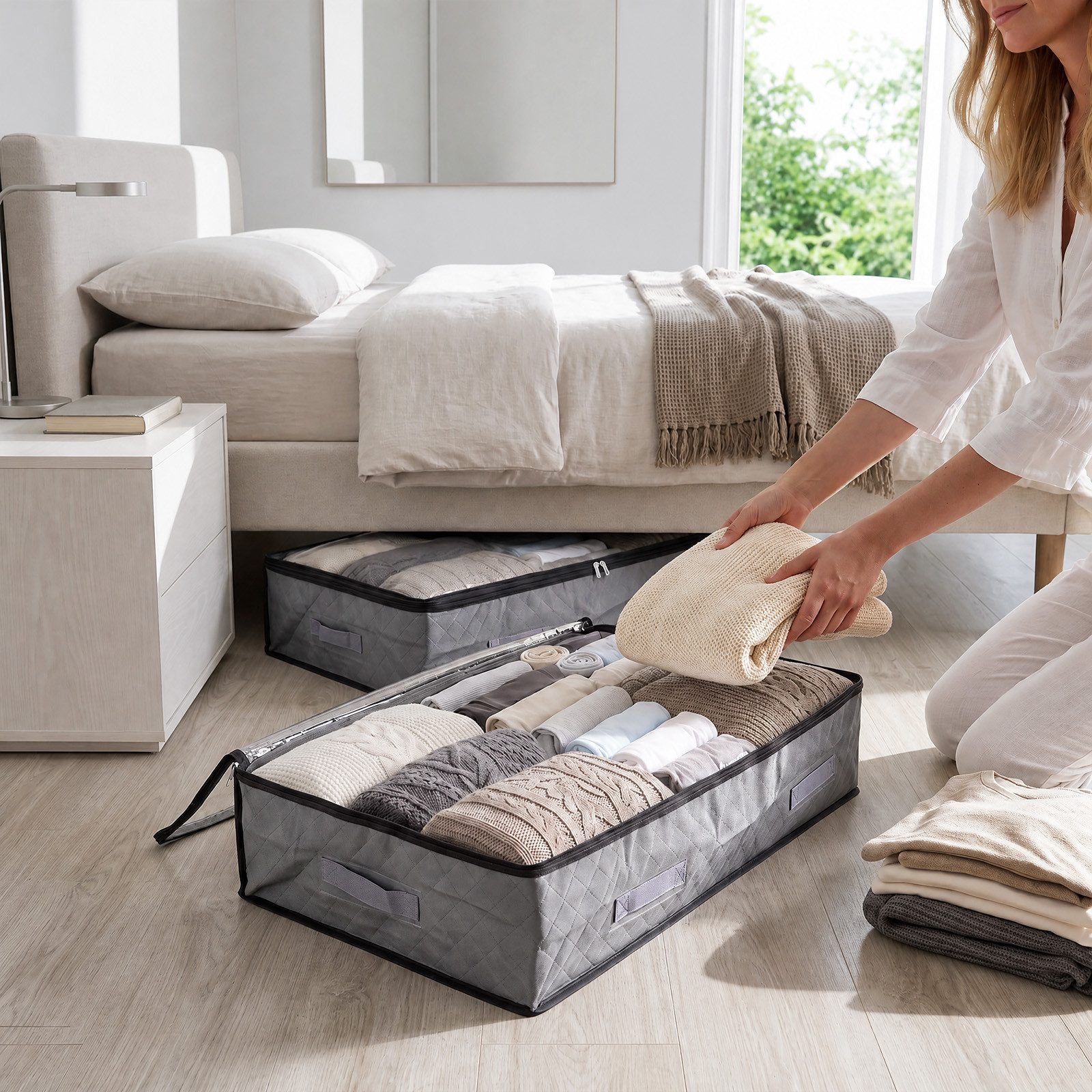 Sekey Unterbettkommode Unterbett Aufbewahrung Aufbewahrungstasche 110L mit Deckel, faltbar (4 St), Für Kleidung, Bettwäsche Decken transparent mit Doppelreißver – Bild 4 von 5