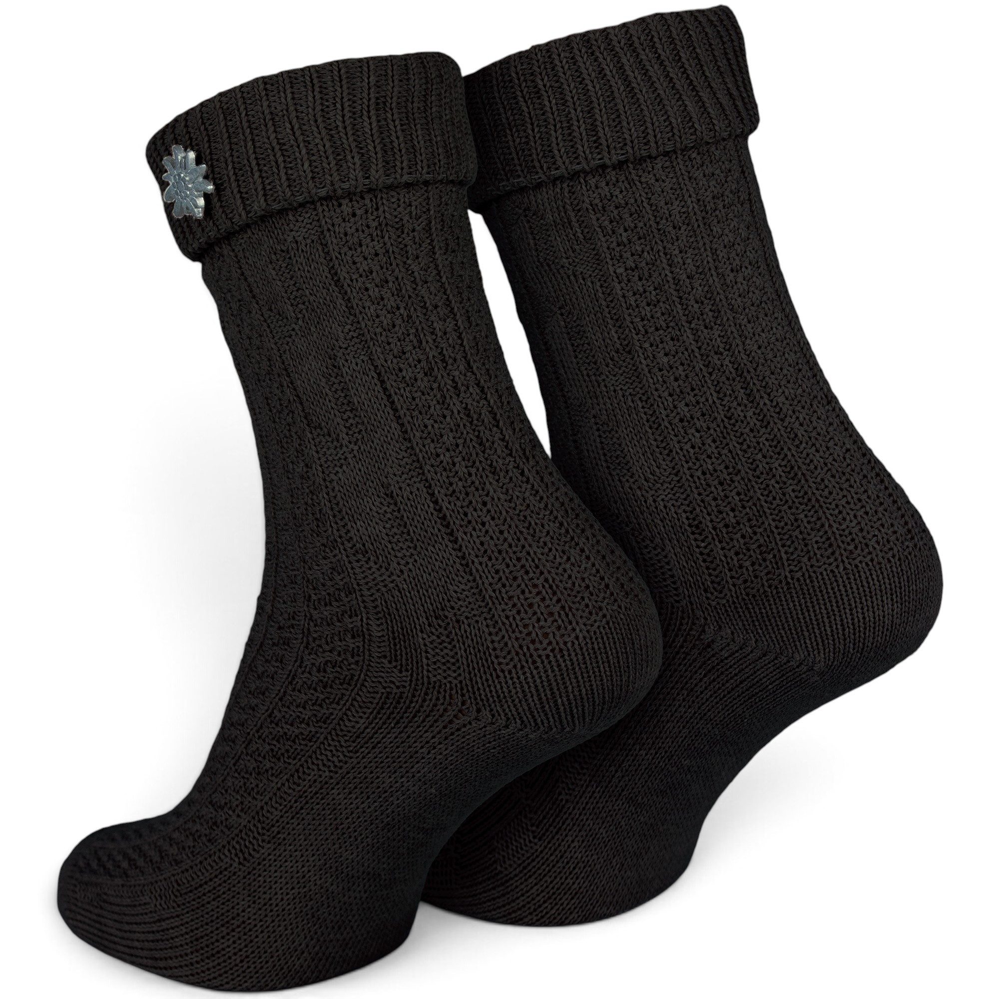 Black Snake Trachtensocken Schoppersocken fürs Oktoberfest mit Edelweiß-Pin für Damen und Herren (Packung, 1-Paar, Schwarz 43/46) Zopfmuster aus Baumwollmix mit – Bild 3 von 5