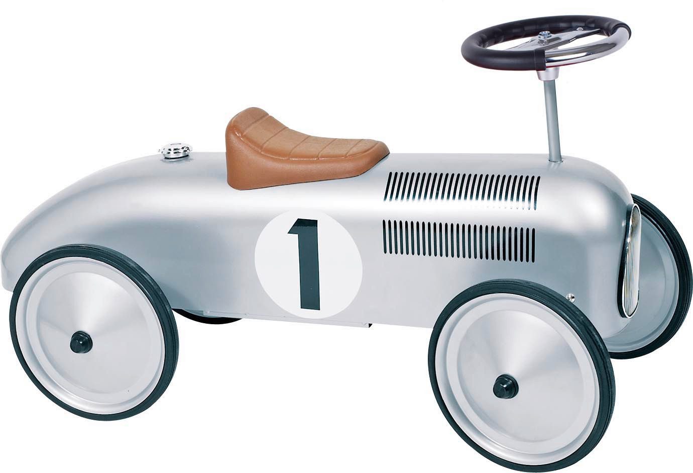 goki Tretfahrzeug Rutscherfahrzeug silber, stabil und robust, aus Metall und Kunststoff