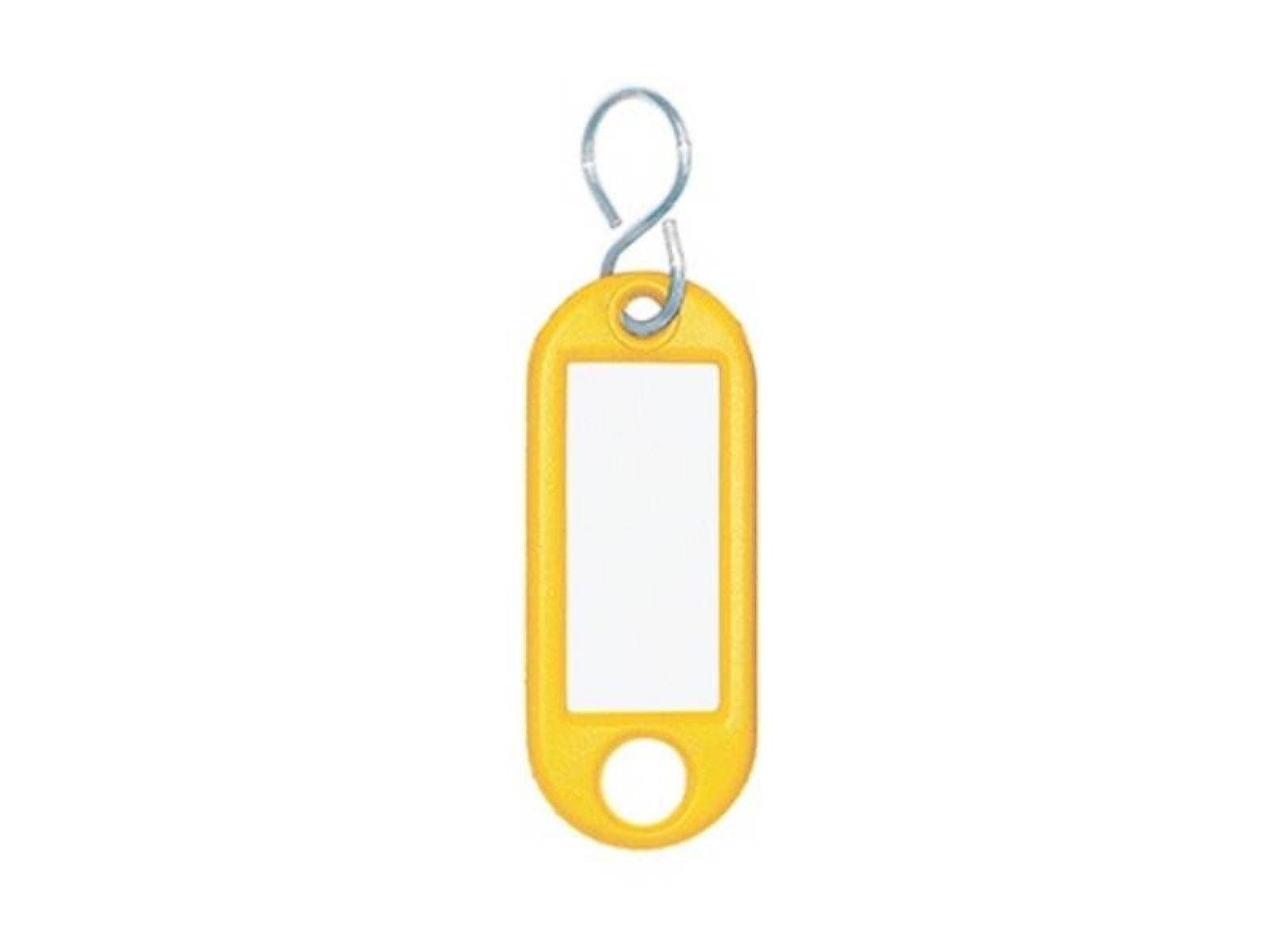 10x Kunststoff Schlüsselanhänger Etikett beschriftbar gelb mit S-Haken 