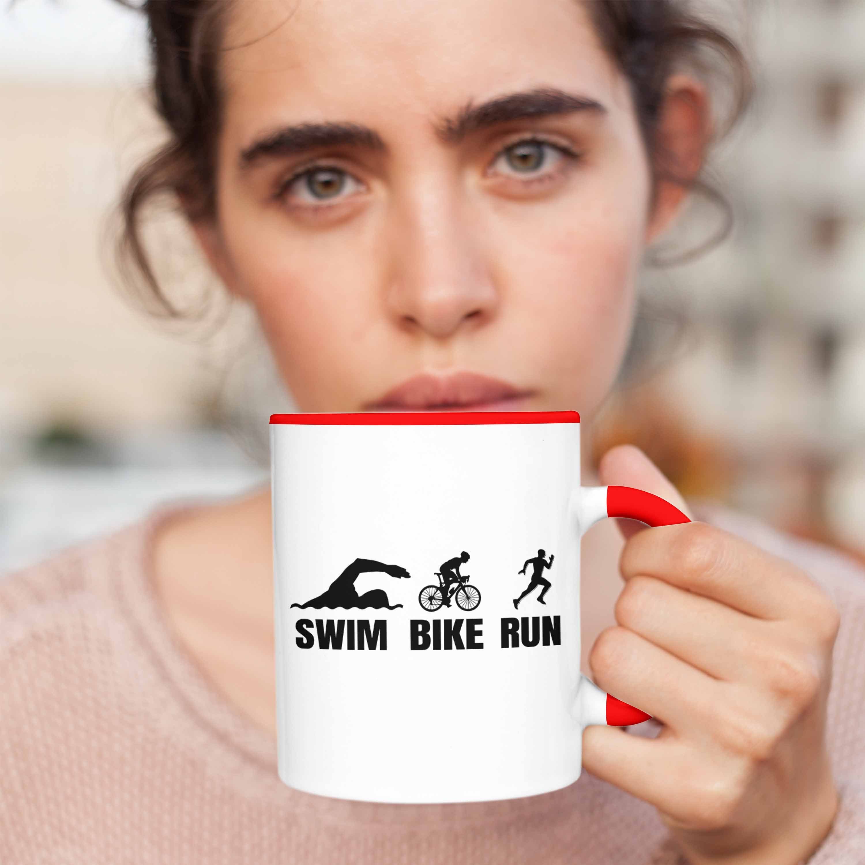 Geschenkidee für Geschenk Swim Tasse Sportl Rot Triathlon Spruch Trendation Bike Run Tasse