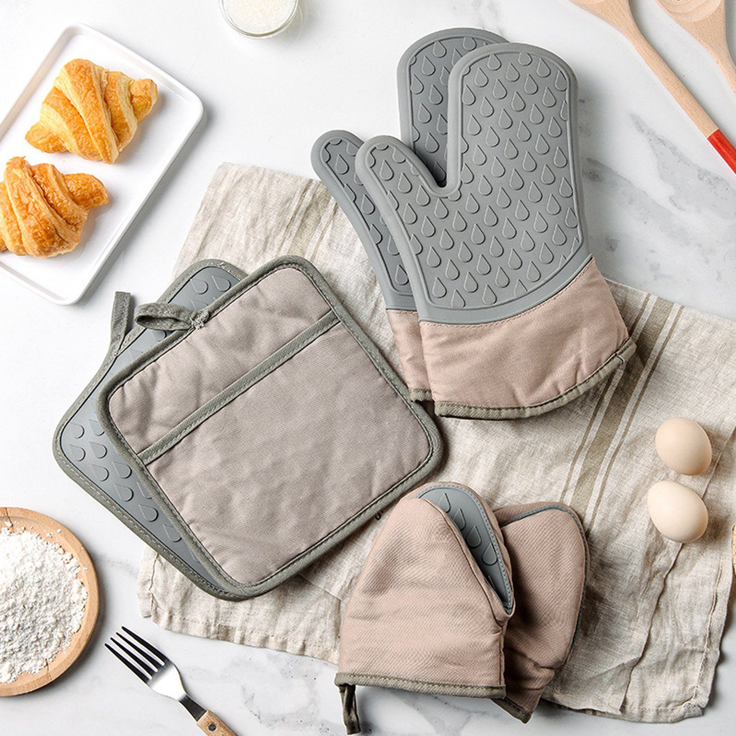Ofenhandschuhe & Topflappen Aus Silikon – Set Mit 3 Teilen, Hitzebeständig & Baumwollgefüttert