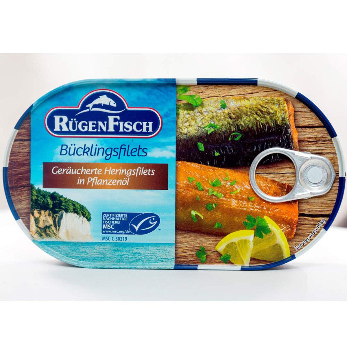 Rügen Fisch Fischkonserve, Rügen Fisch Bücklingsfilets in Rapsöl und eigenem Saft geräuchert 190g