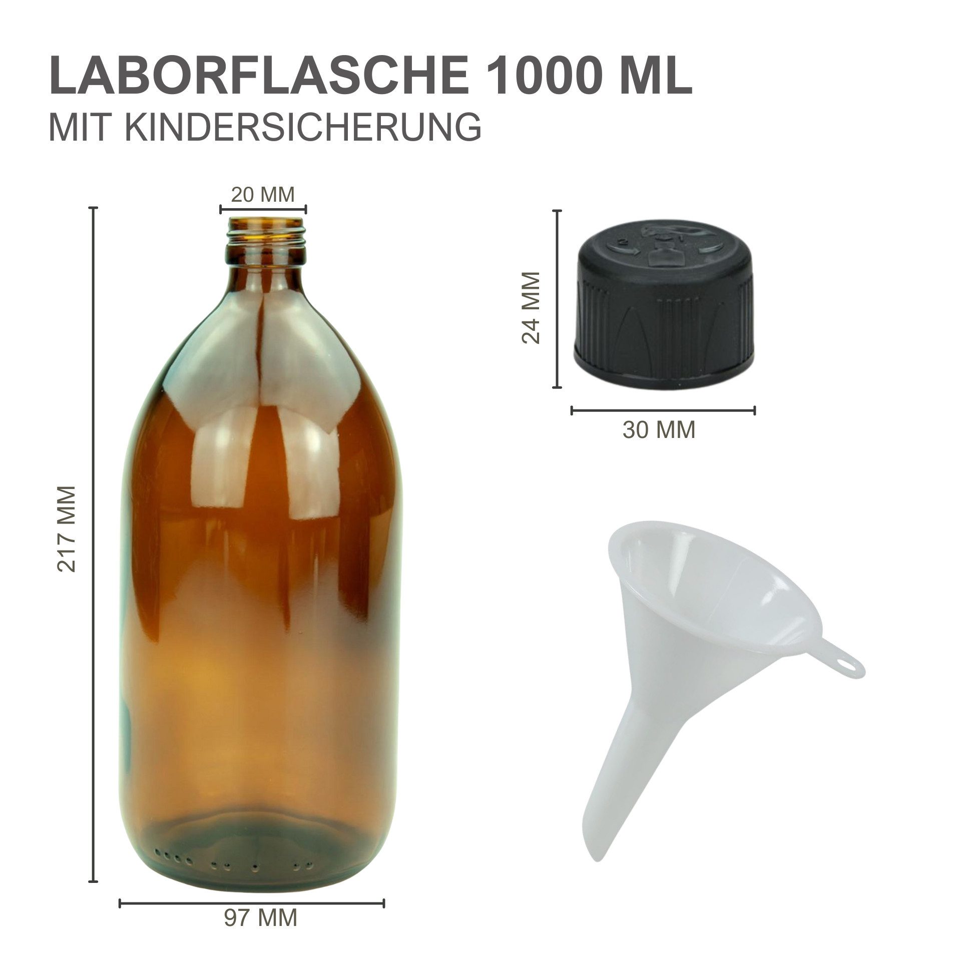 mikken Kanister 4x Apothekerflasche 1000ml braun mit Deckel Medizinflasche 1L (4er Set), UV-Schutz, Kindersicherung, Apothekerqualität