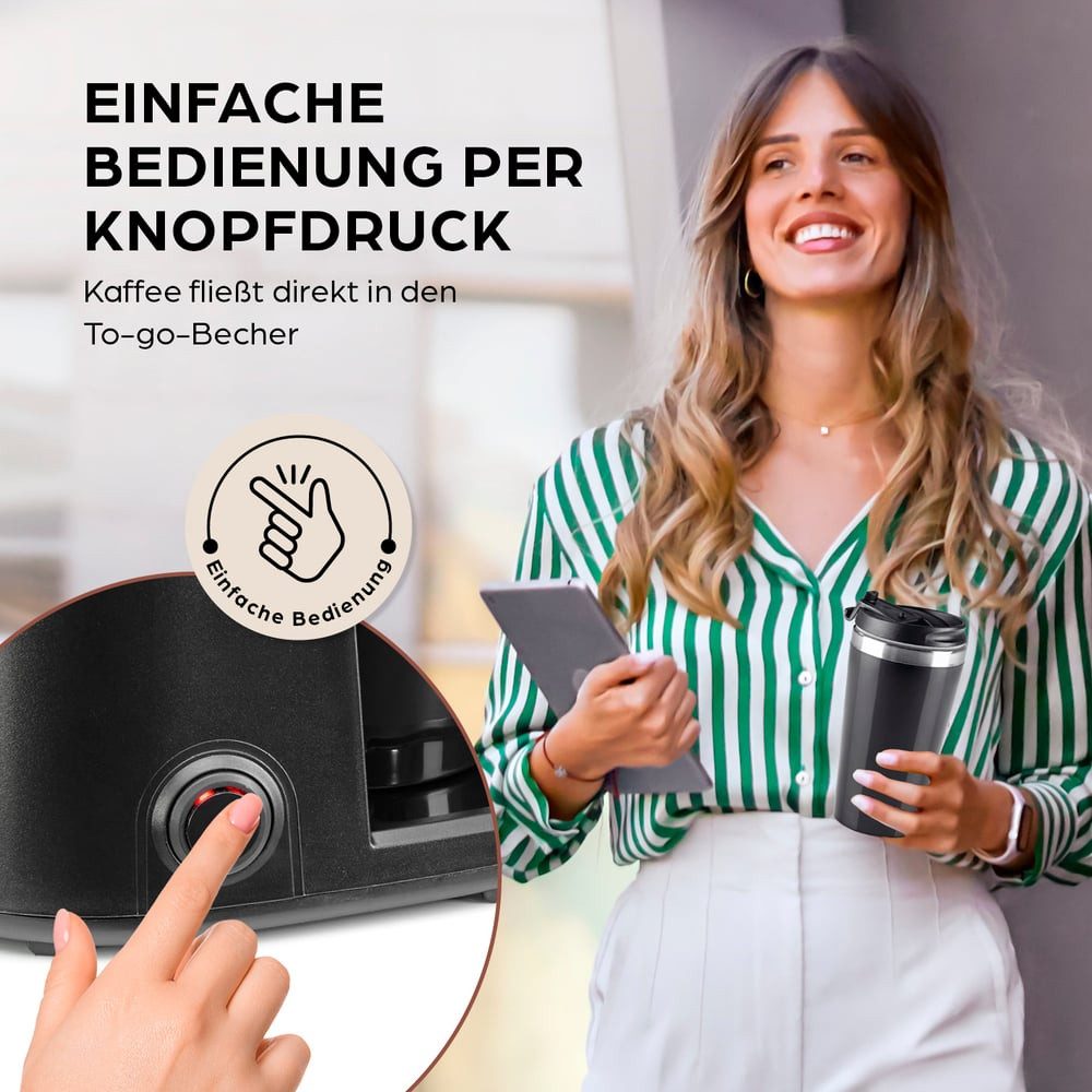 Barista Filterkaffeemaschine Barista Single-Kaffeemaschine 450W schwarz mit To-Go Becher, 0.4l Kaffeekanne, Coffee to go Maschine - tragbare Kaffeemaschine, Reise-Kaffeemaschine