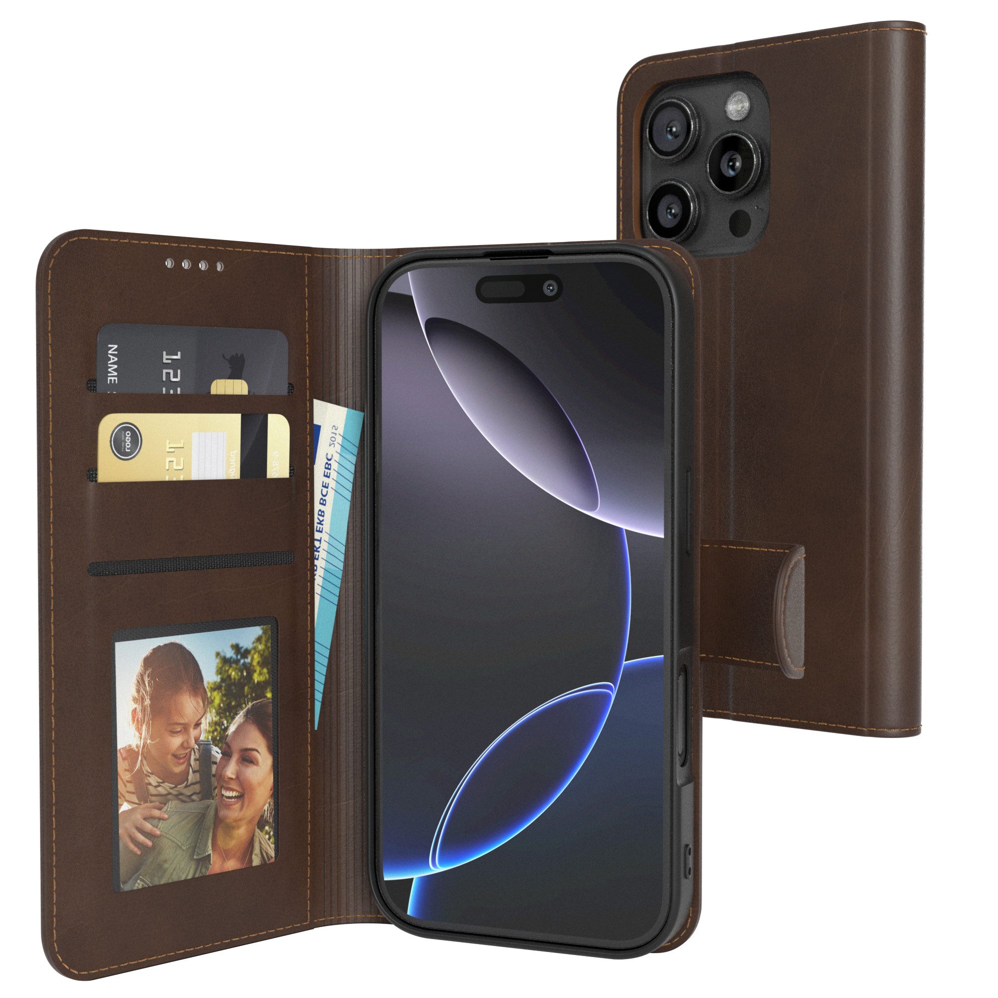 EAZY CASE Handyhülle Business Handyhülle Kartenfächer für iPhone 16 Pro 6,3 Zoll, Tasche Klapphülle aus Kunstleder Book Cover mit Kartenfächer Braun