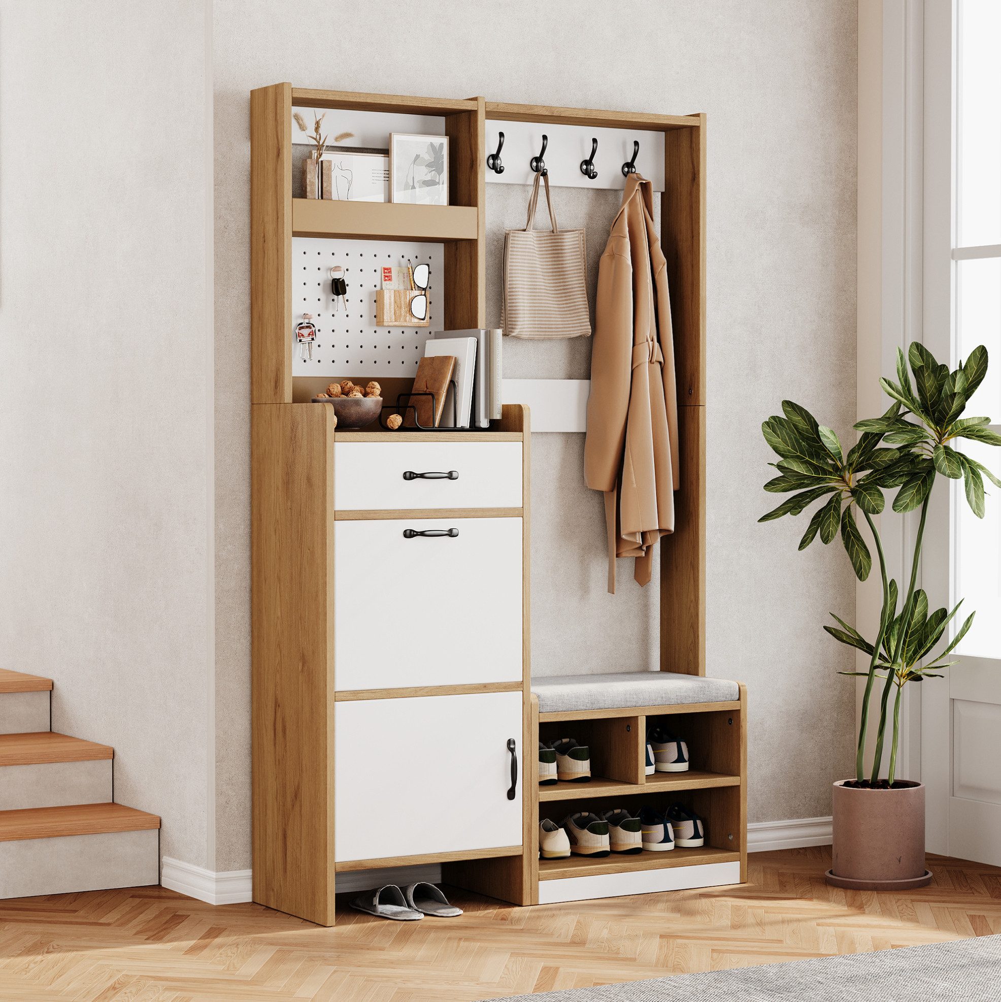 OKWISH Garderoben-Set Moderne Flurgarderobe, (mit Sitzbank und Schuhkipper, stabilem Holzwerkstoff, Kippsicherung sowie durchdachtem 6-in-1 Stauraumsystem für Jacken, Schuhe und Accessoires, 1-St., B108.5/D35/H180 cm), Flurschrank, Hängeschrankregal