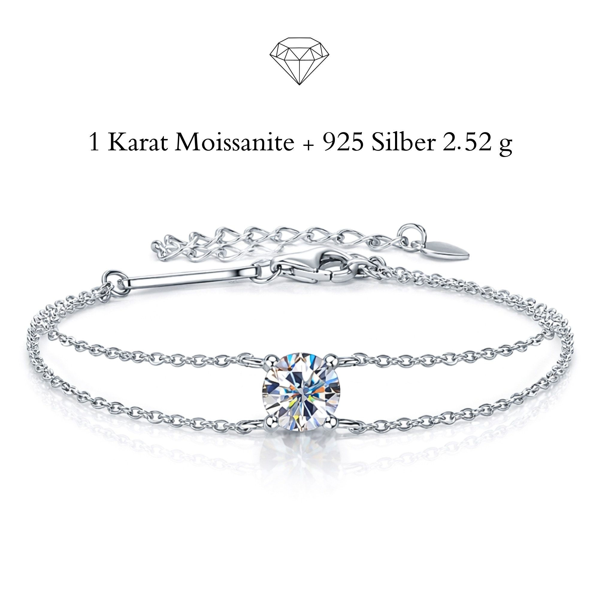 UNIQAL.de Silberarmband Damen 925 Sterling Silber mit Diamant Moissanit 1 Karat - Doppelkette (Silberarmband mit Doppelkette und Moissanit, 925 Sterling Silber weißgold oder 14K gold veredelt, inkl. Luxuriöse Schmuck Geschenkbox), Moissanit VVS1 Reinheit, GRA-Zertifikat, Armkette Geschenk für Damen